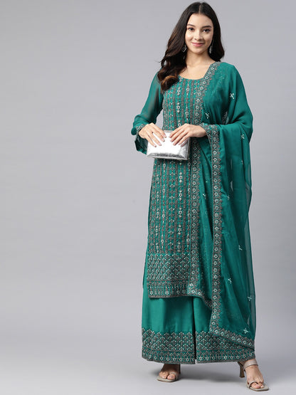 Pakistani Style Georgette Fabric Green Color Kurti With Bottom And Dupatta
