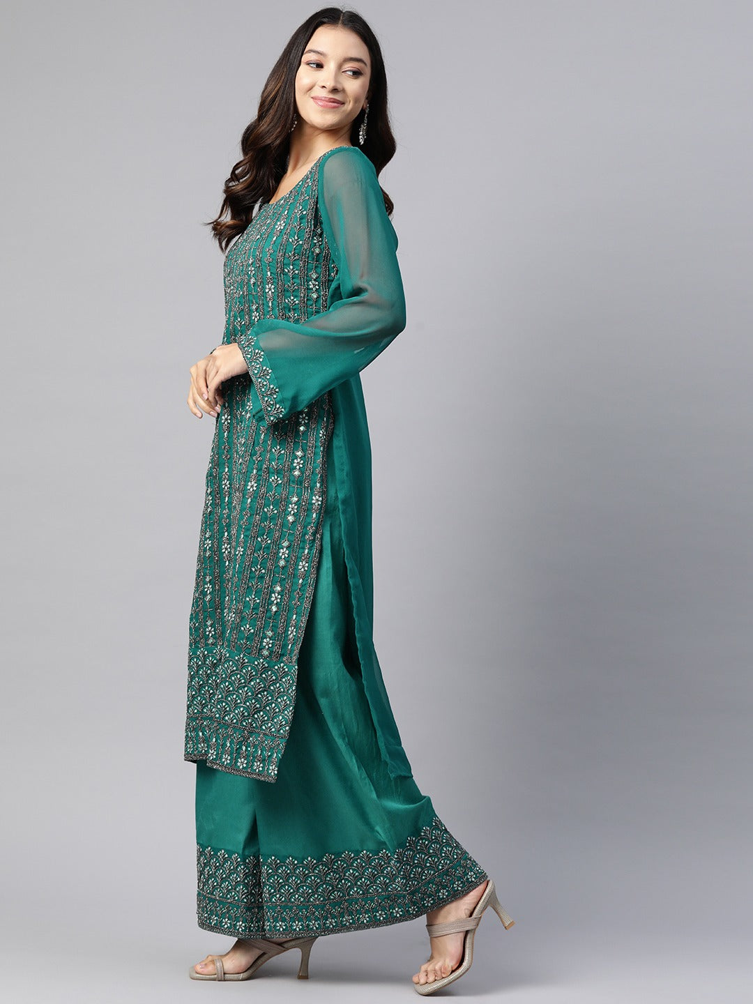 Pakistani Style Georgette Fabric Green Color Kurti With Bottom And Dupatta