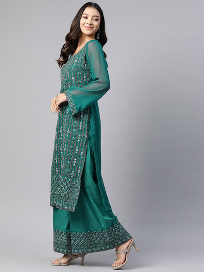 Pakistani Style Georgette Fabric Green Color Kurti With Bottom And Dupatta