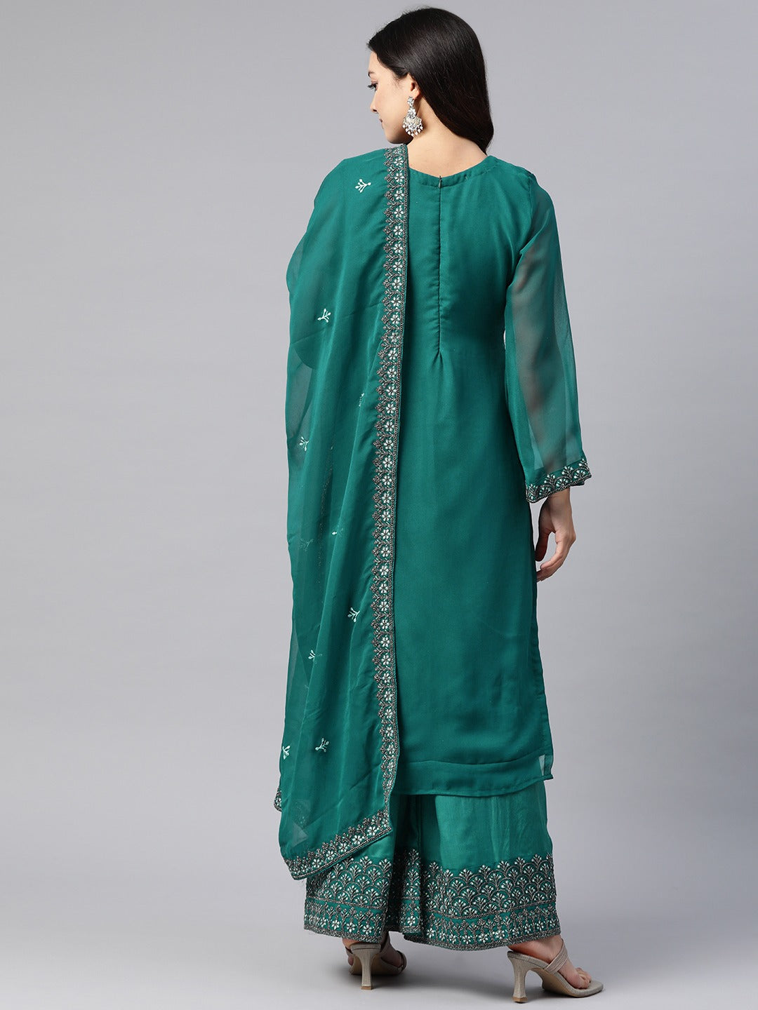 Pakistani Style Georgette Fabric Green Color Kurti With Bottom And Dupatta