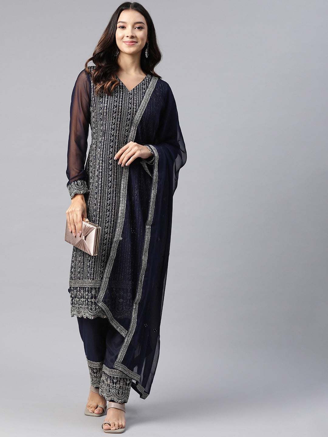 Pakistani Style Georgette Fabric Blue Color Kurti With Bottom And Dupatta