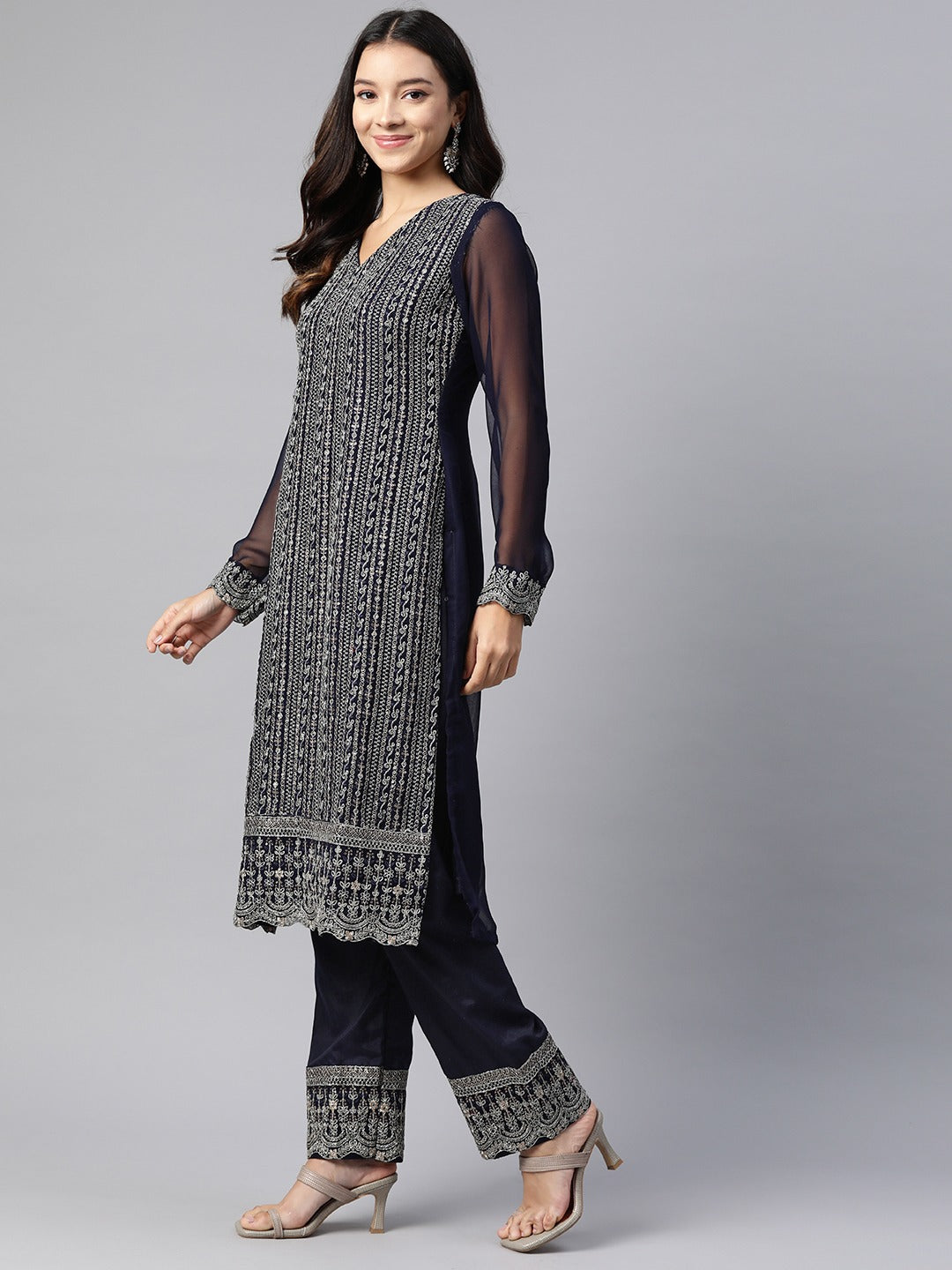 Pakistani Style Georgette Fabric Blue Color Kurti With Bottom And Dupatta