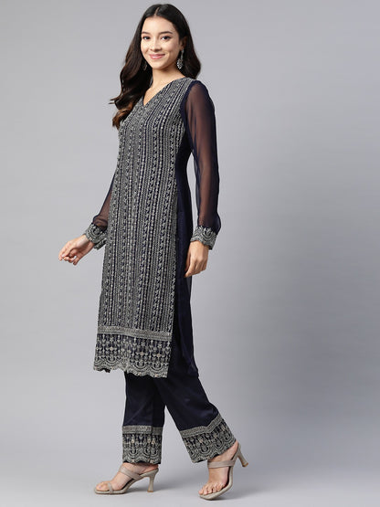Pakistani Style Georgette Fabric Blue Color Kurti With Bottom And Dupatta