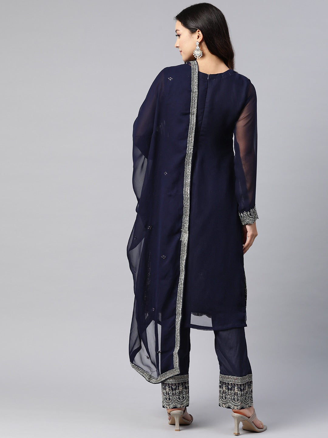 Pakistani Style Georgette Fabric Blue Color Kurti With Bottom And Dupatta