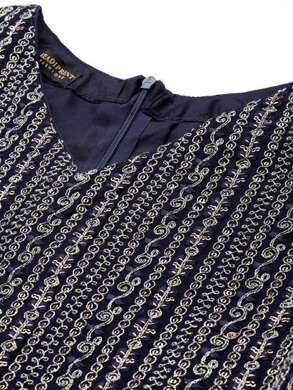 Pakistani Style Georgette Fabric Blue Color Kurti With Bottom And Dupatta