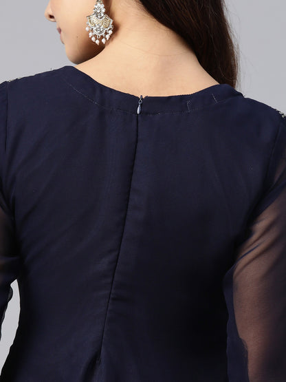 Pakistani Style Georgette Fabric Blue Color Kurti With Bottom And Dupatta