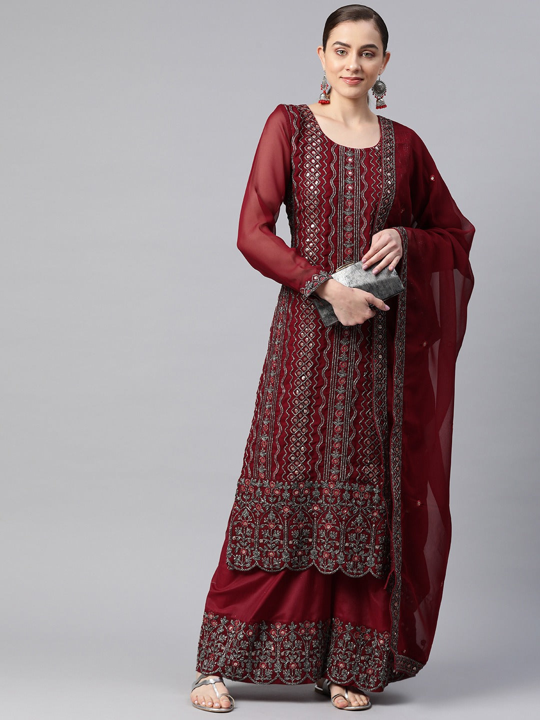 Pakistani Style Georgette Fabric Maroon Color Kurti With Bottom And Dupatta