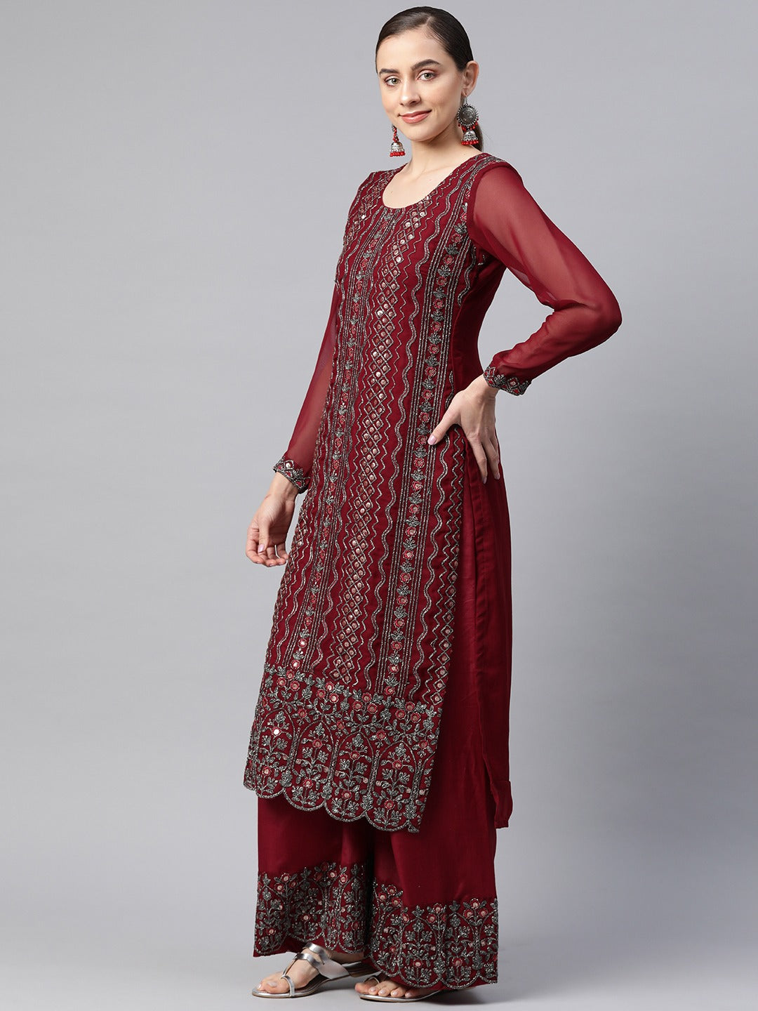 Pakistani Style Georgette Fabric Maroon Color Kurti With Bottom And Dupatta