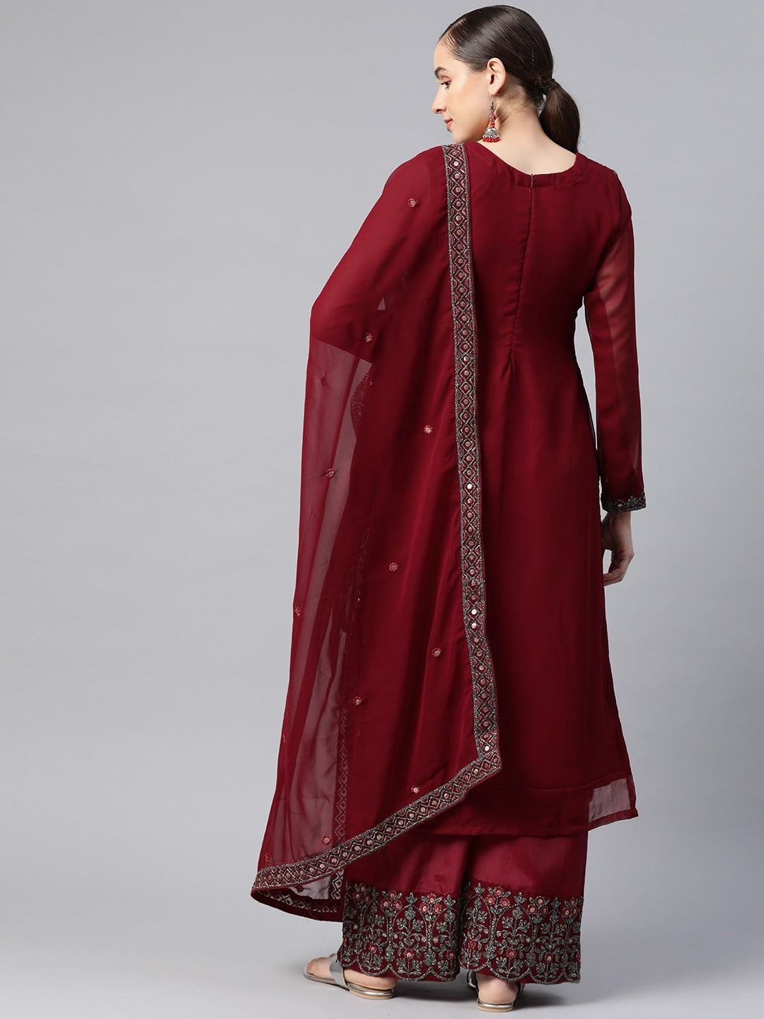 Pakistani Style Georgette Fabric Maroon Color Kurti With Bottom And Dupatta