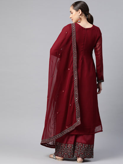 Pakistani Style Georgette Fabric Maroon Color Kurti With Bottom And Dupatta