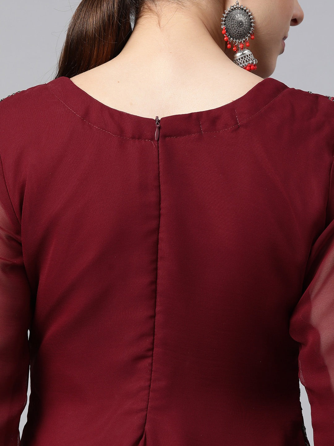 Pakistani Style Georgette Fabric Maroon Color Kurti With Bottom And Dupatta