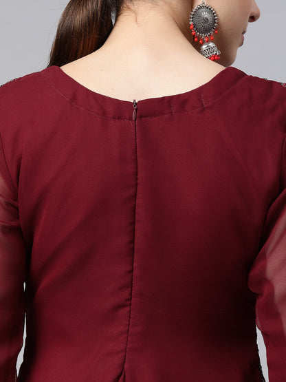 Pakistani Style Georgette Fabric Maroon Color Kurti With Bottom And Dupatta