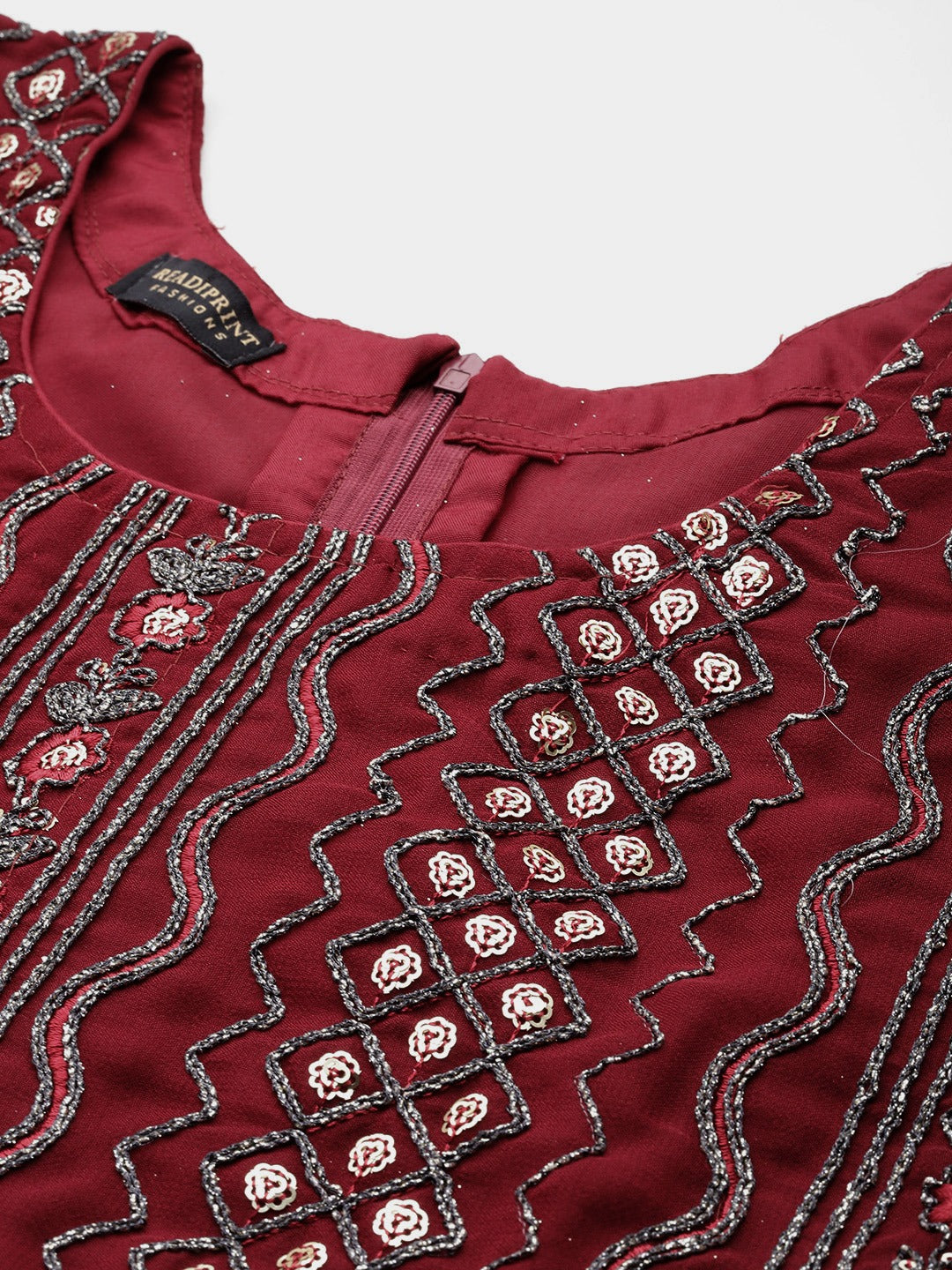 Pakistani Style Georgette Fabric Maroon Color Kurti With Bottom And Dupatta