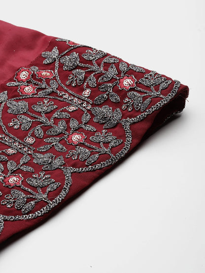 Pakistani Style Georgette Fabric Maroon Color Kurti With Bottom And Dupatta