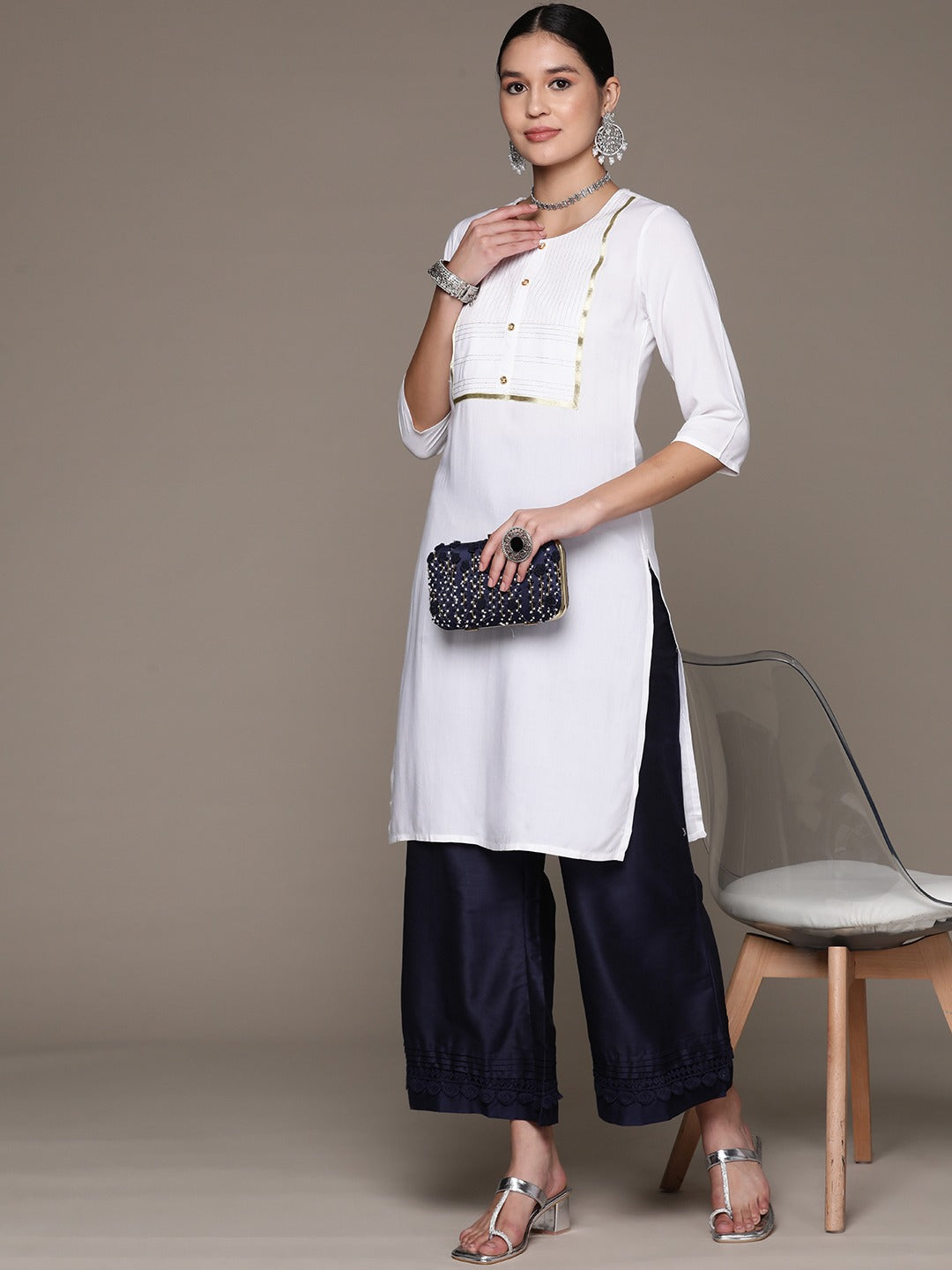 Straight Style Rayon Fabric White Color Kurta