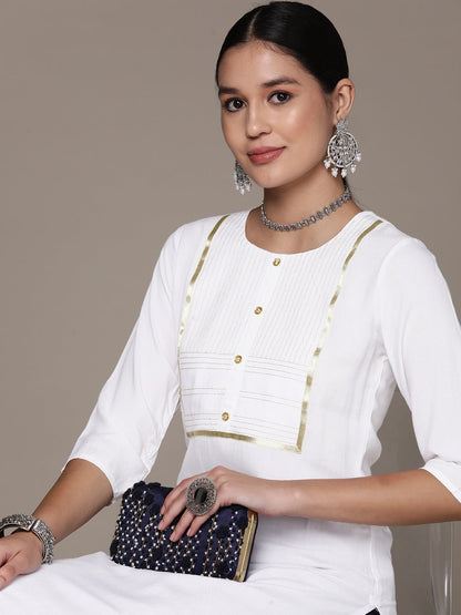 Straight Style Rayon Fabric White Color Kurta