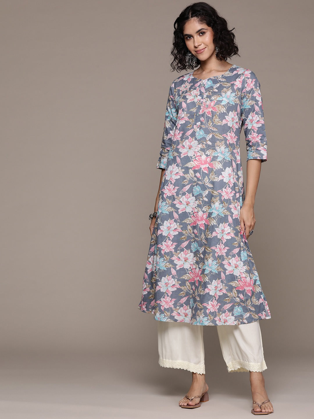 A line style Cotton fabric Grey color kurta