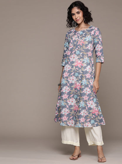 A line style Cotton fabric Grey color kurta