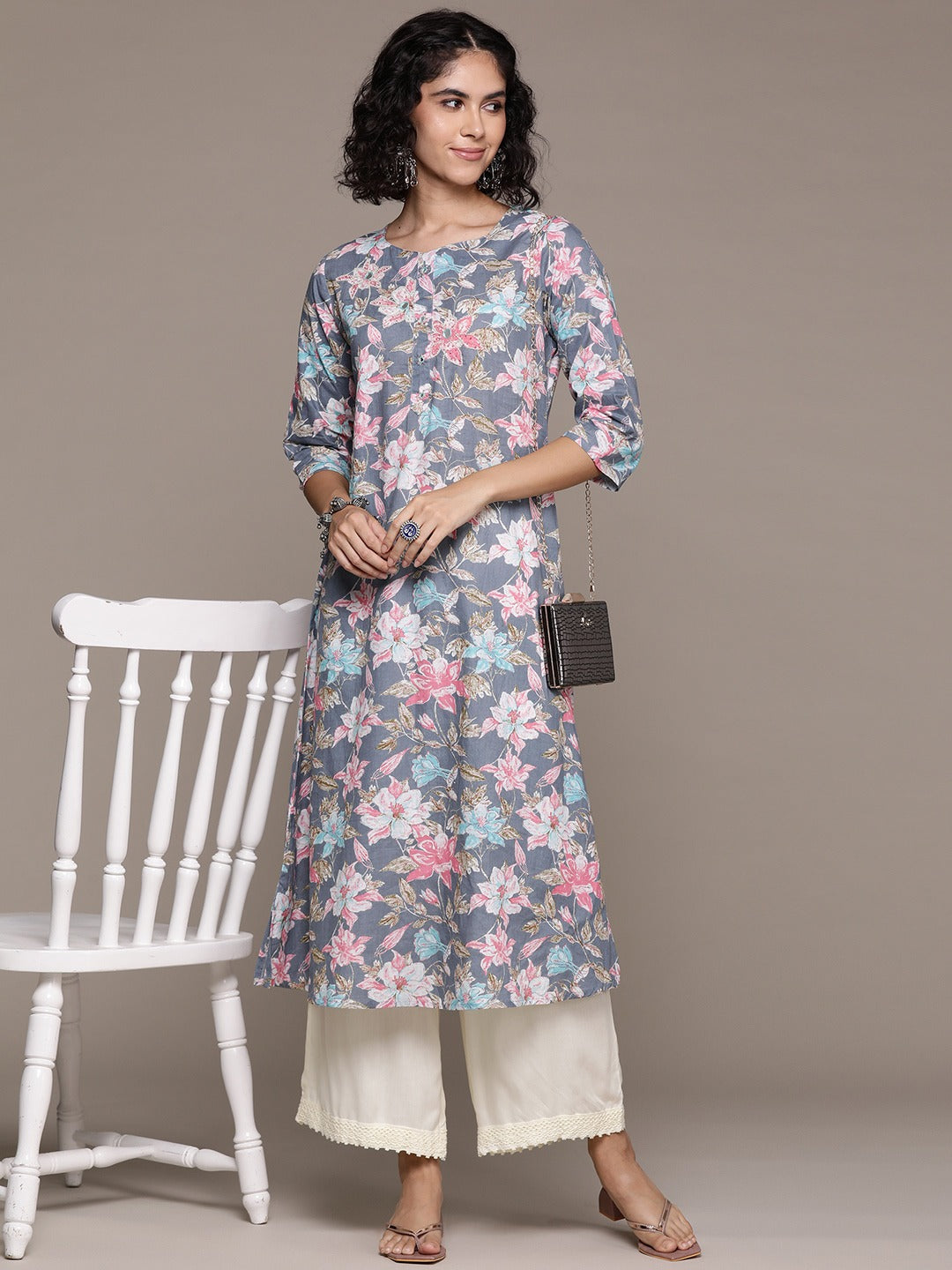 A line style Cotton fabric Grey color kurta