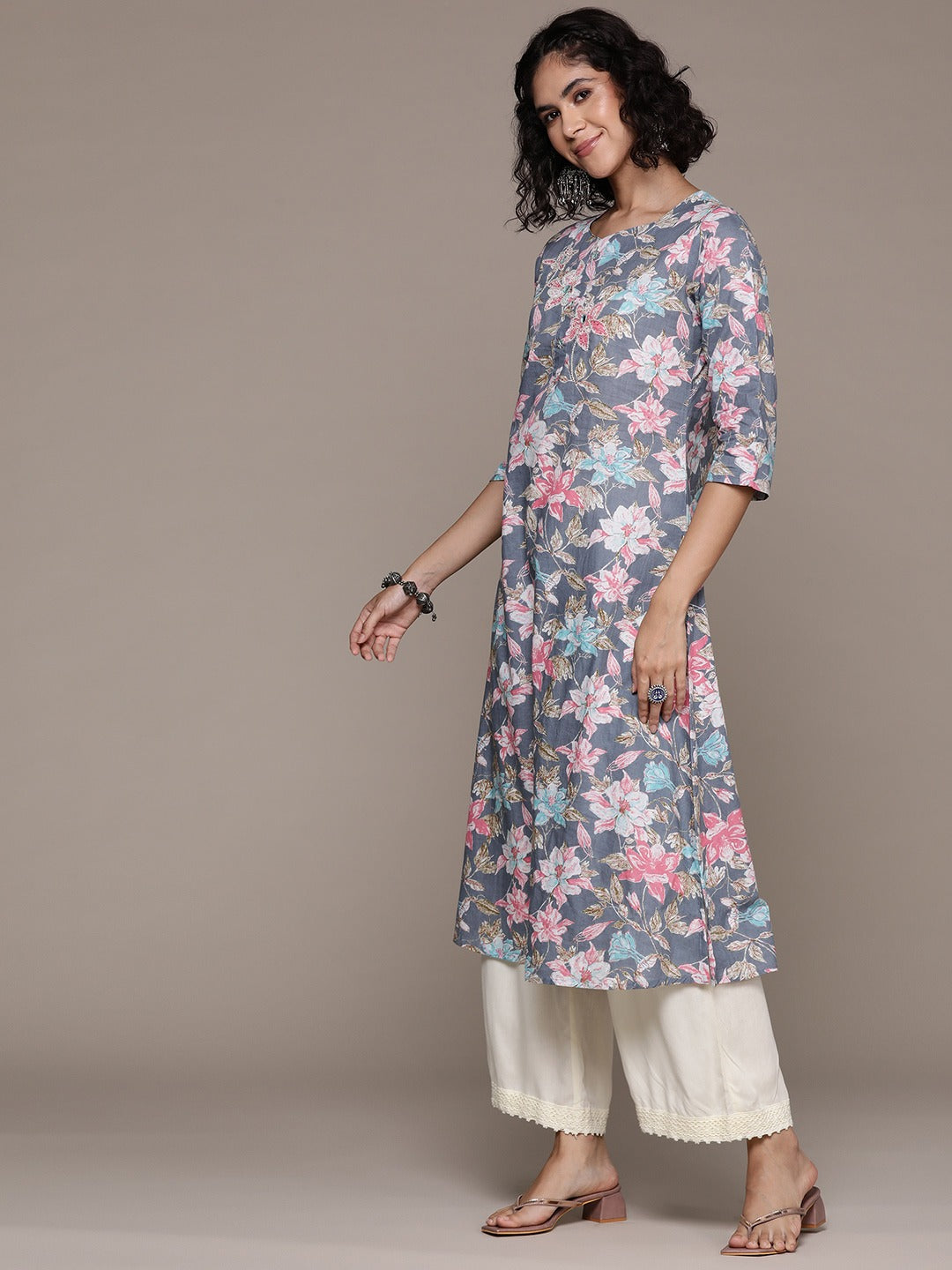 A line style Cotton fabric Grey color kurta