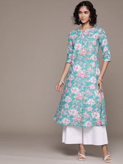 A line style Cotton fabric Blue color kurta