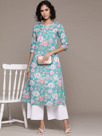 A line style Cotton fabric Blue color kurta