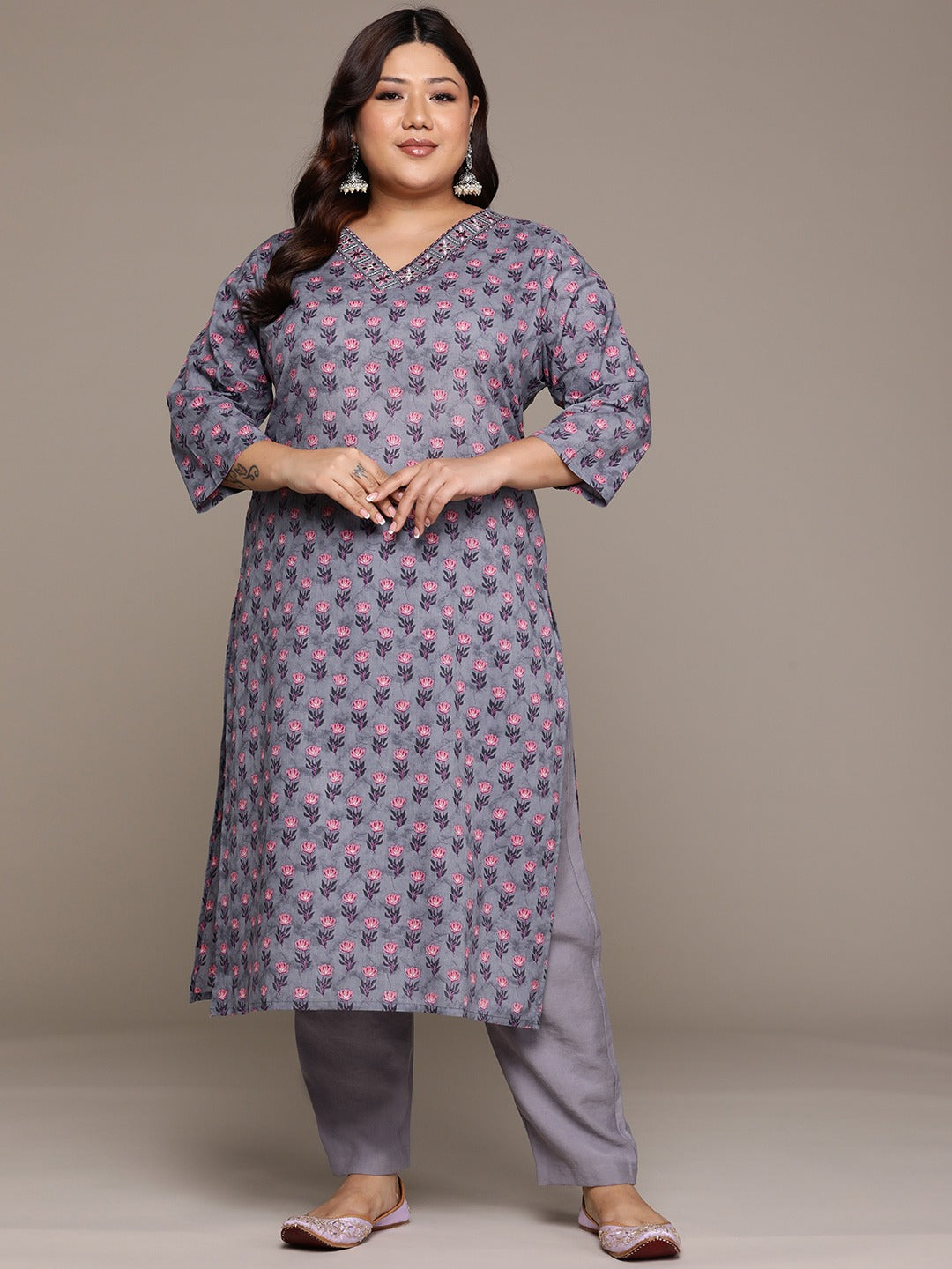 Plus Size Straight style Cotton fabric Grey color kurta