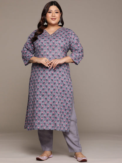 Plus Size Straight style Cotton fabric Grey color kurta