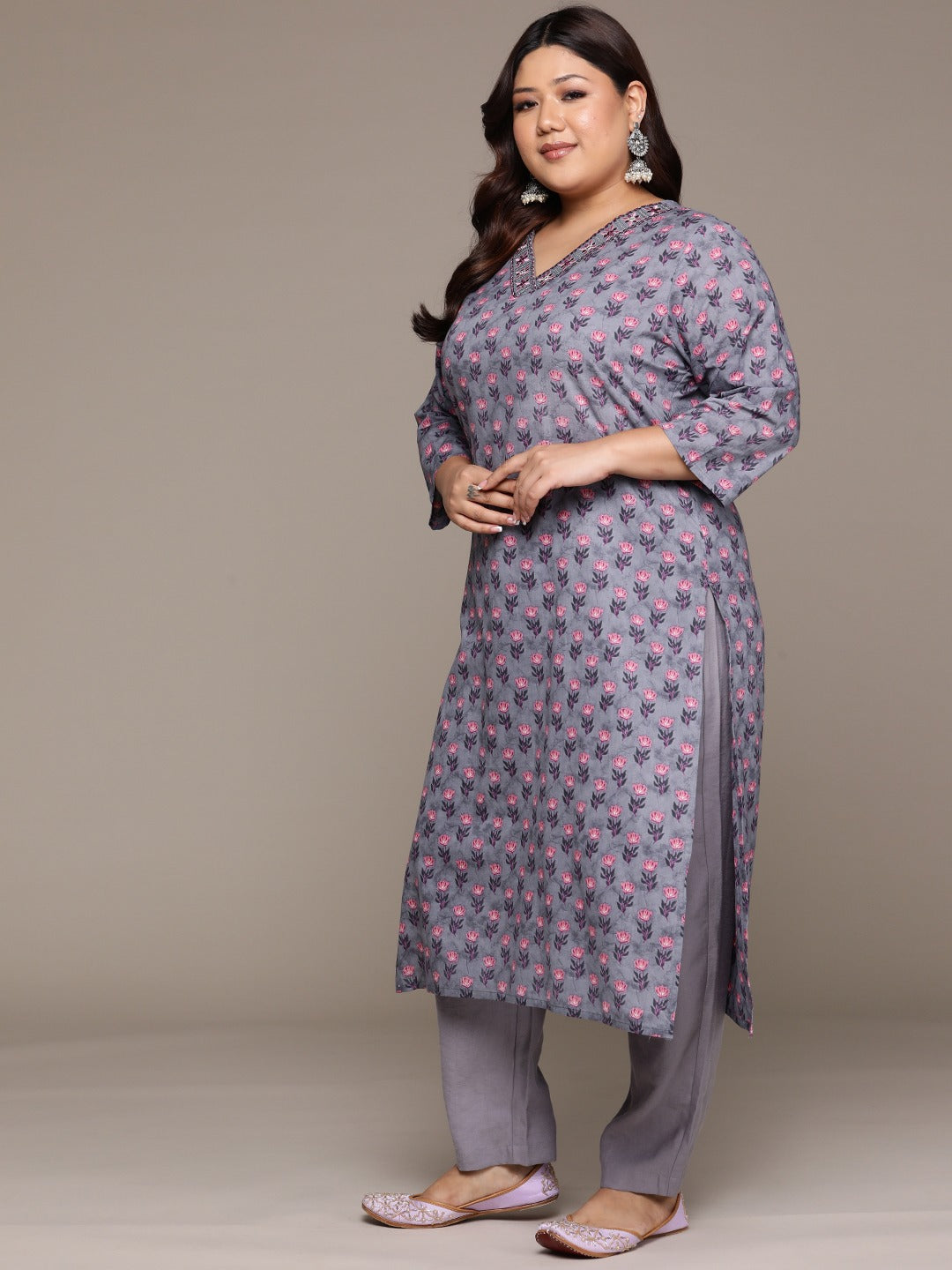 Plus Size Straight style Cotton fabric Grey color kurta