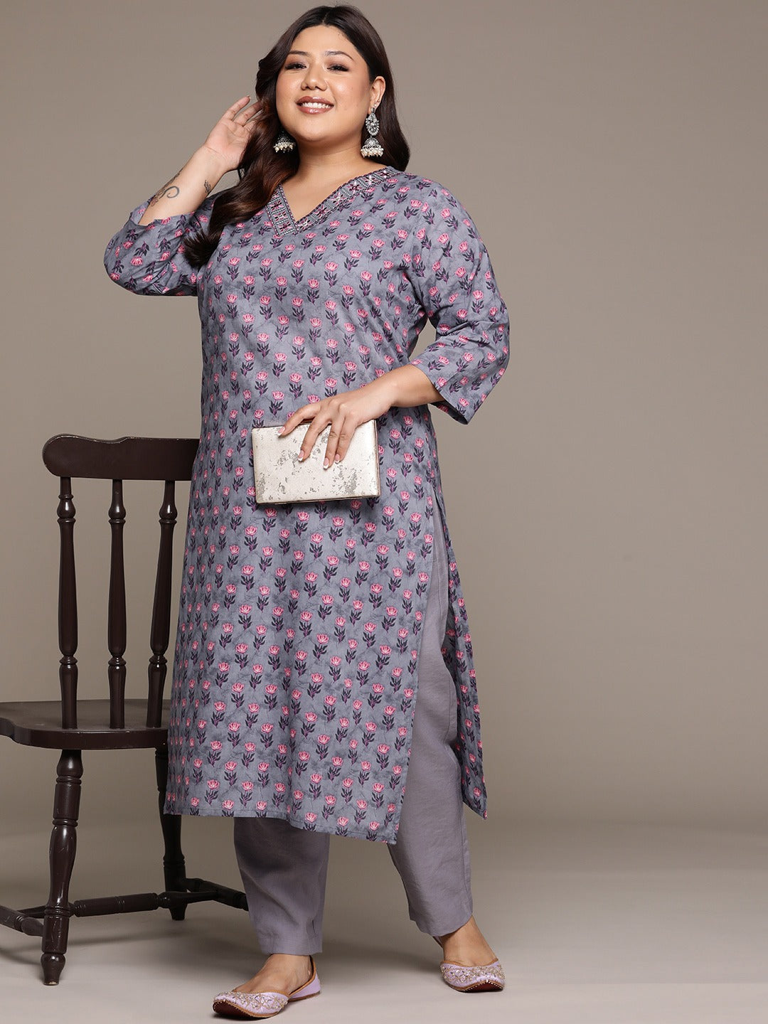 Plus Size Straight style Cotton fabric Grey color kurta