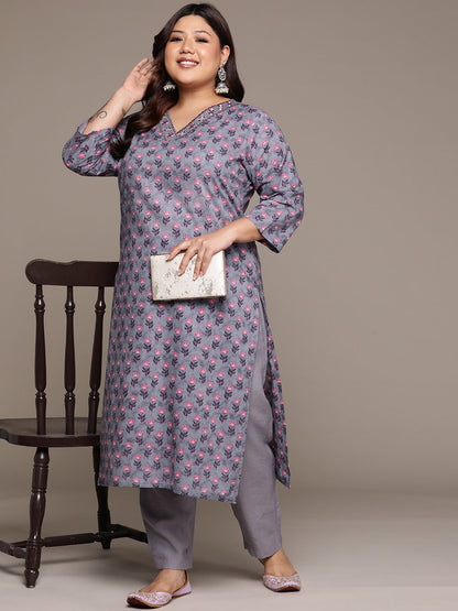 Plus Size Straight style Cotton fabric Grey color kurta