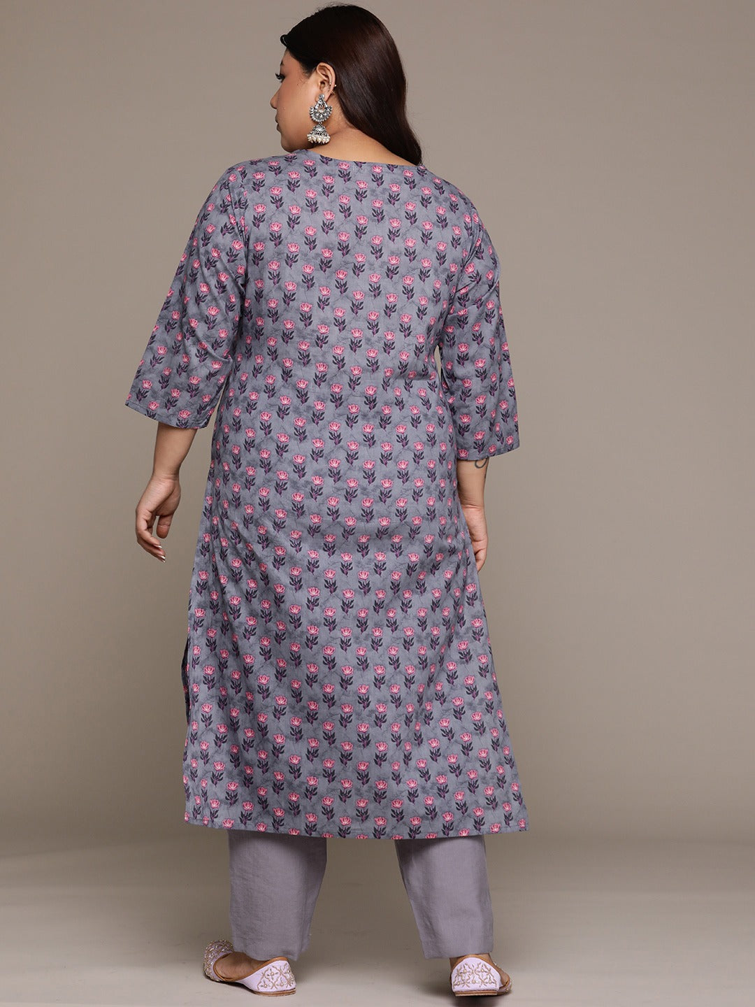Plus Size Straight style Cotton fabric Grey color kurta