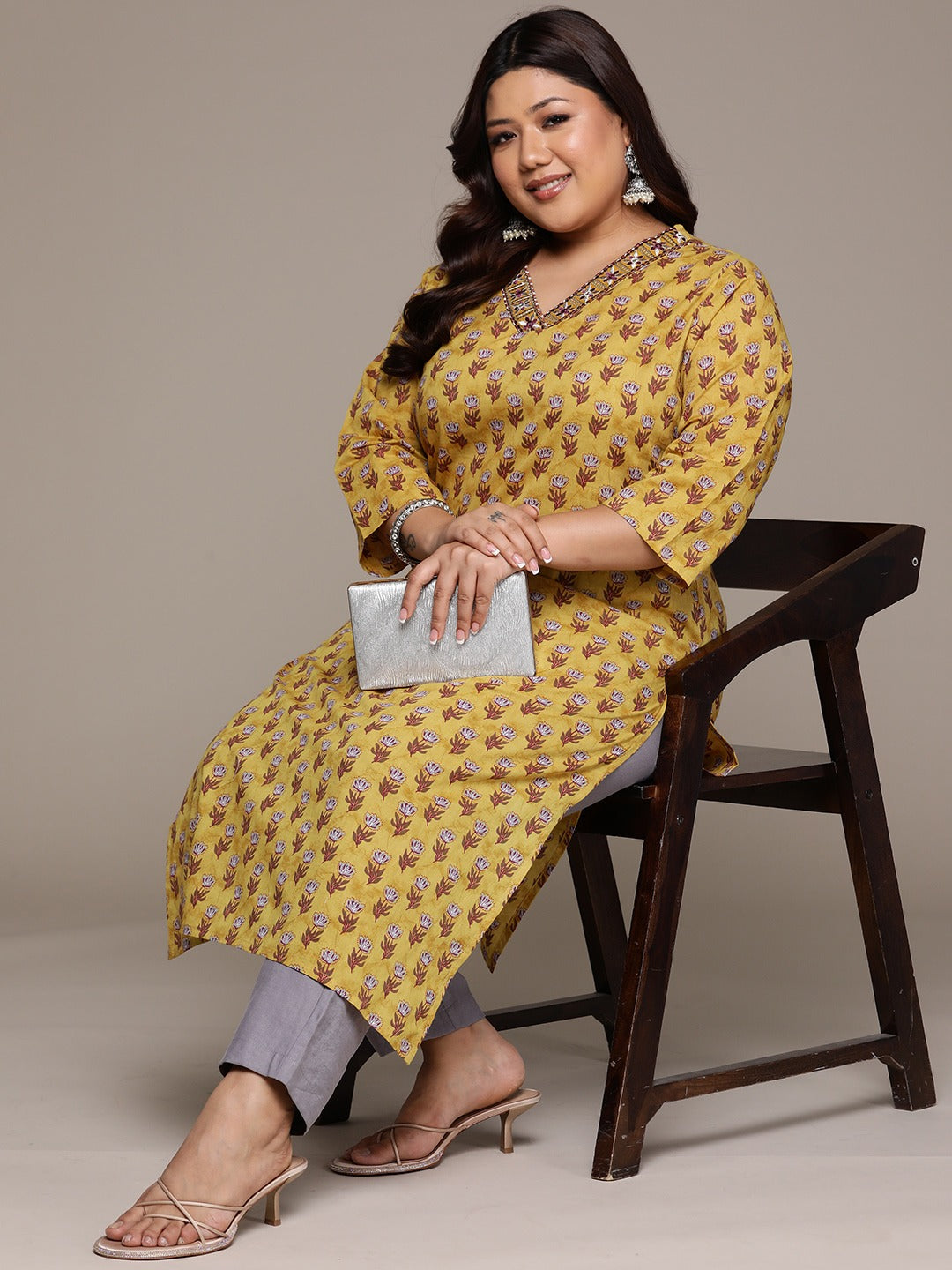 Plus Size Straight style Cotton fabric Mustard color kurta