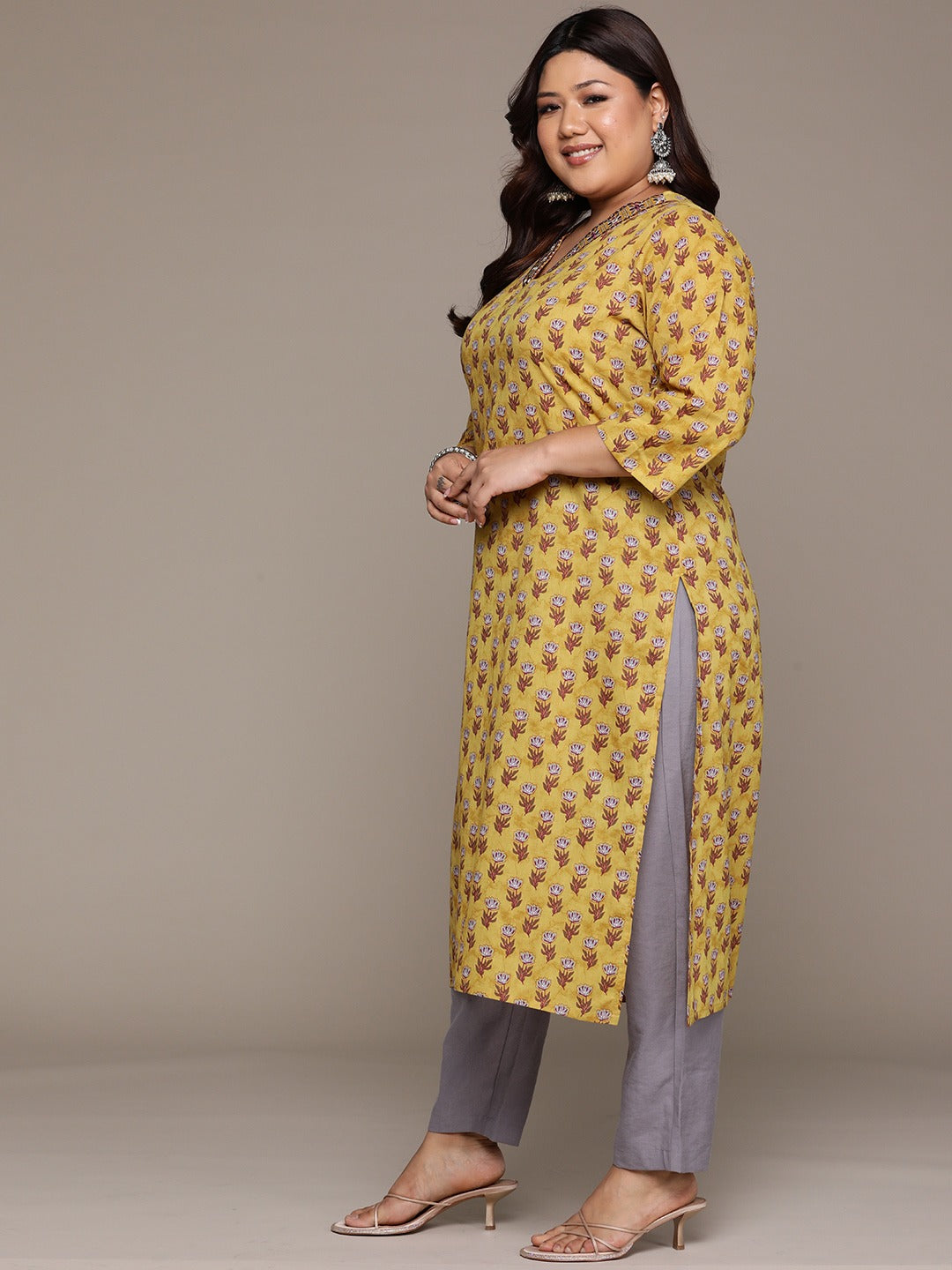 Plus Size Straight style Cotton fabric Mustard color kurta