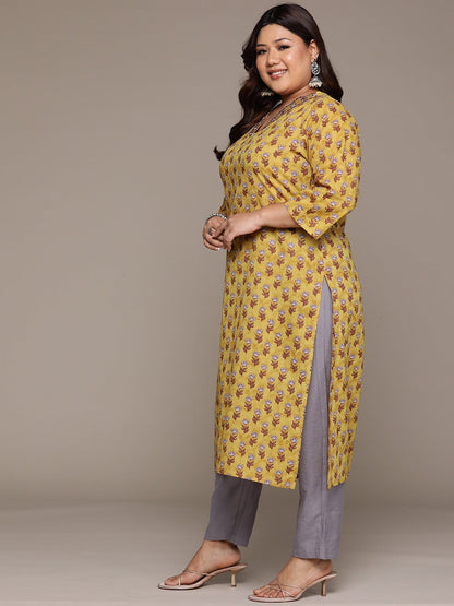 Plus Size Straight style Cotton fabric Mustard color kurta