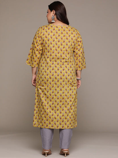 Plus Size Straight style Cotton fabric Mustard color kurta