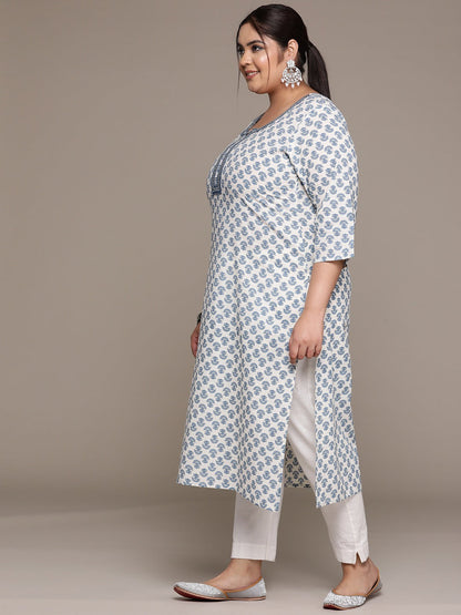 Plus Size Straight style Cotton fabric Blue color kurta