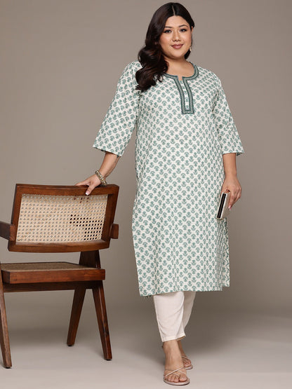 Plus Size Straight style Cotton fabric Green color kurta