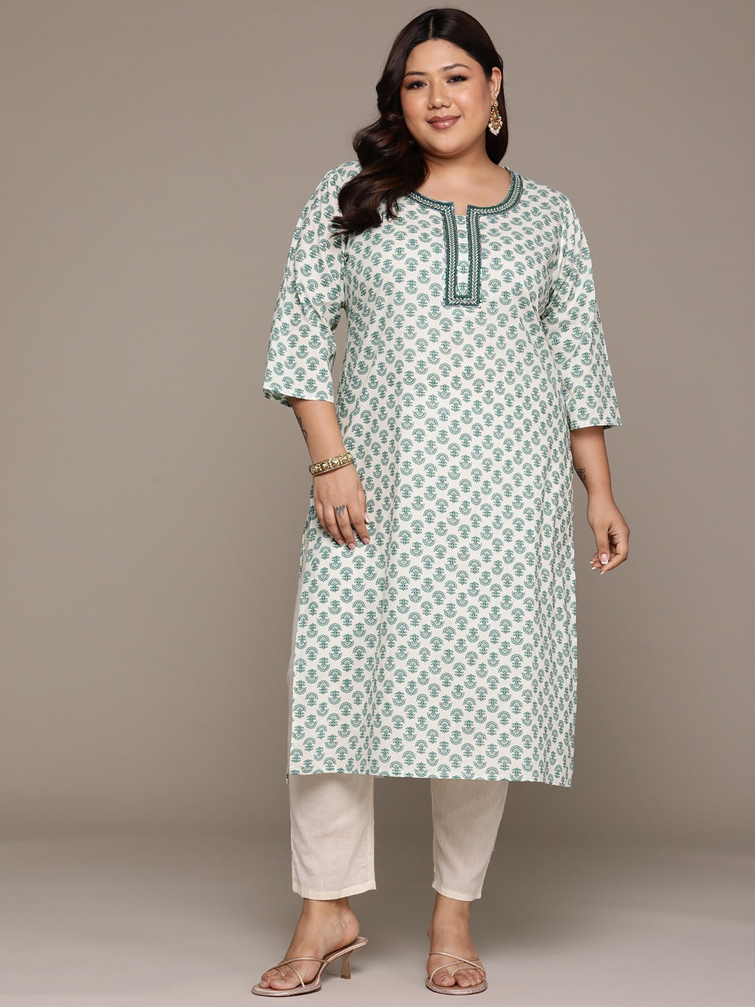 Plus Size Straight style Cotton fabric Green color kurta