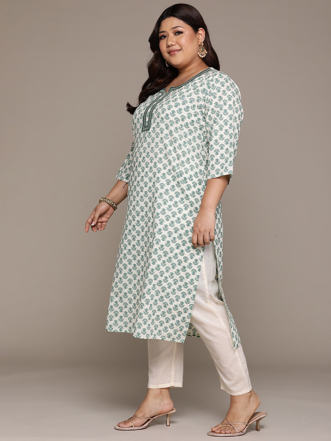 Plus Size Straight style Cotton fabric Green color kurta