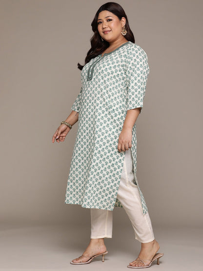 Plus Size Straight style Cotton fabric Green color kurta