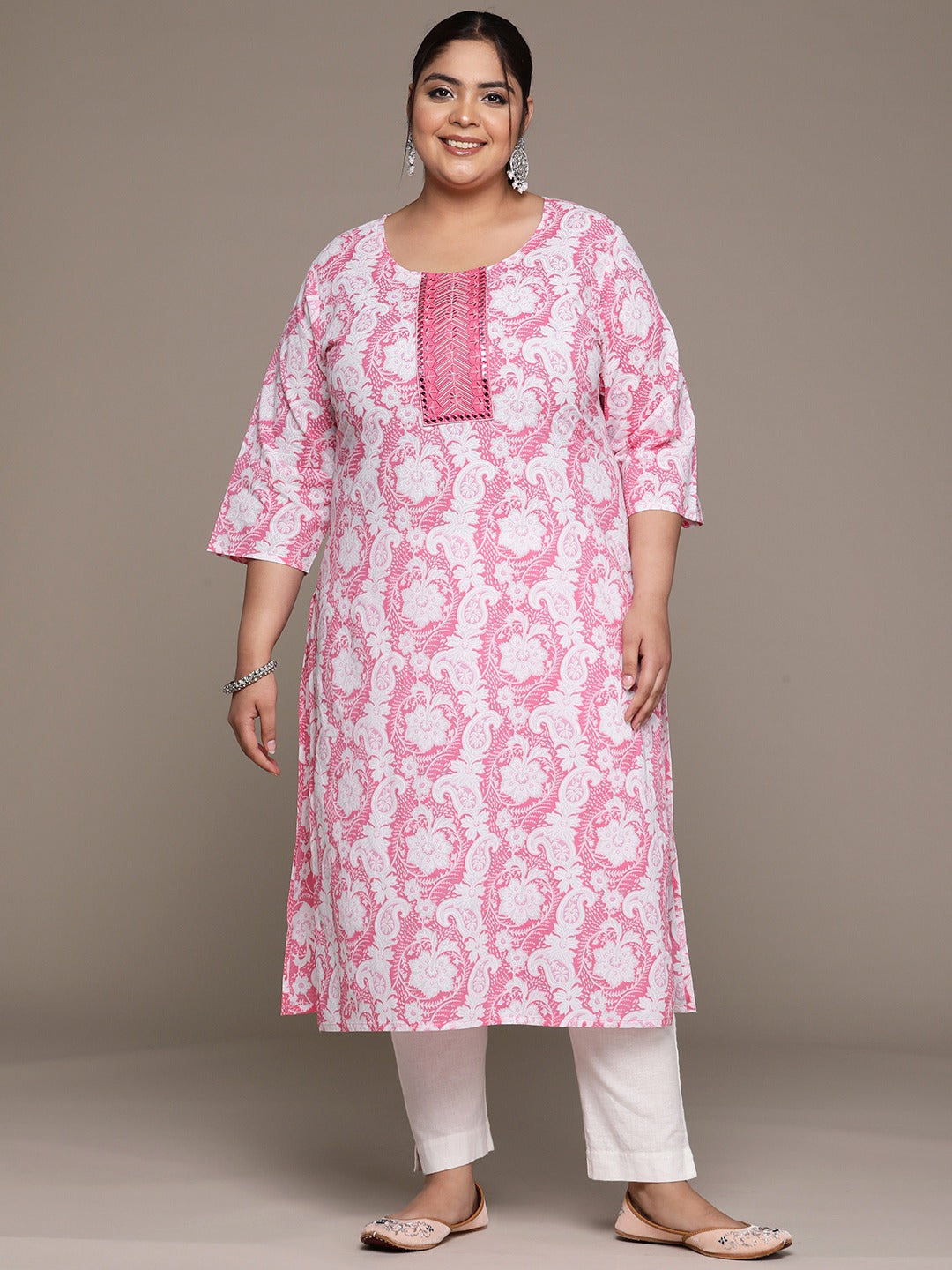 Plus Size Straight style Cotton fabric Pink color kurta