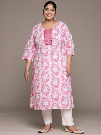 Plus Size Straight style Cotton fabric Pink color kurta