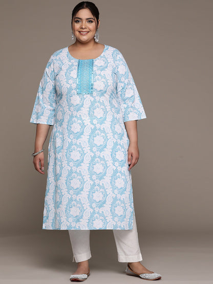 Plus Size Straight style Cotton fabric Blue color kurta