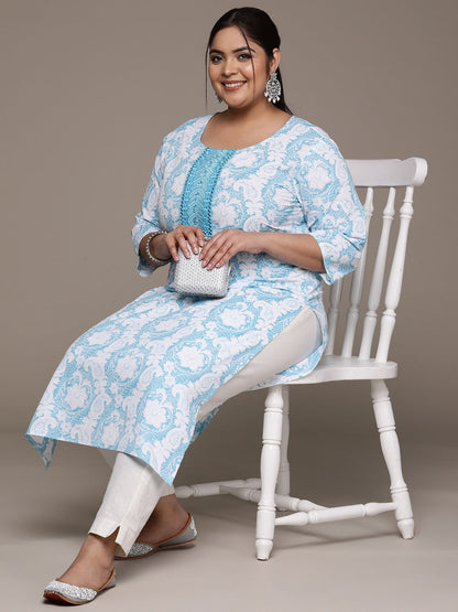 Plus Size Straight style Cotton fabric Blue color kurta