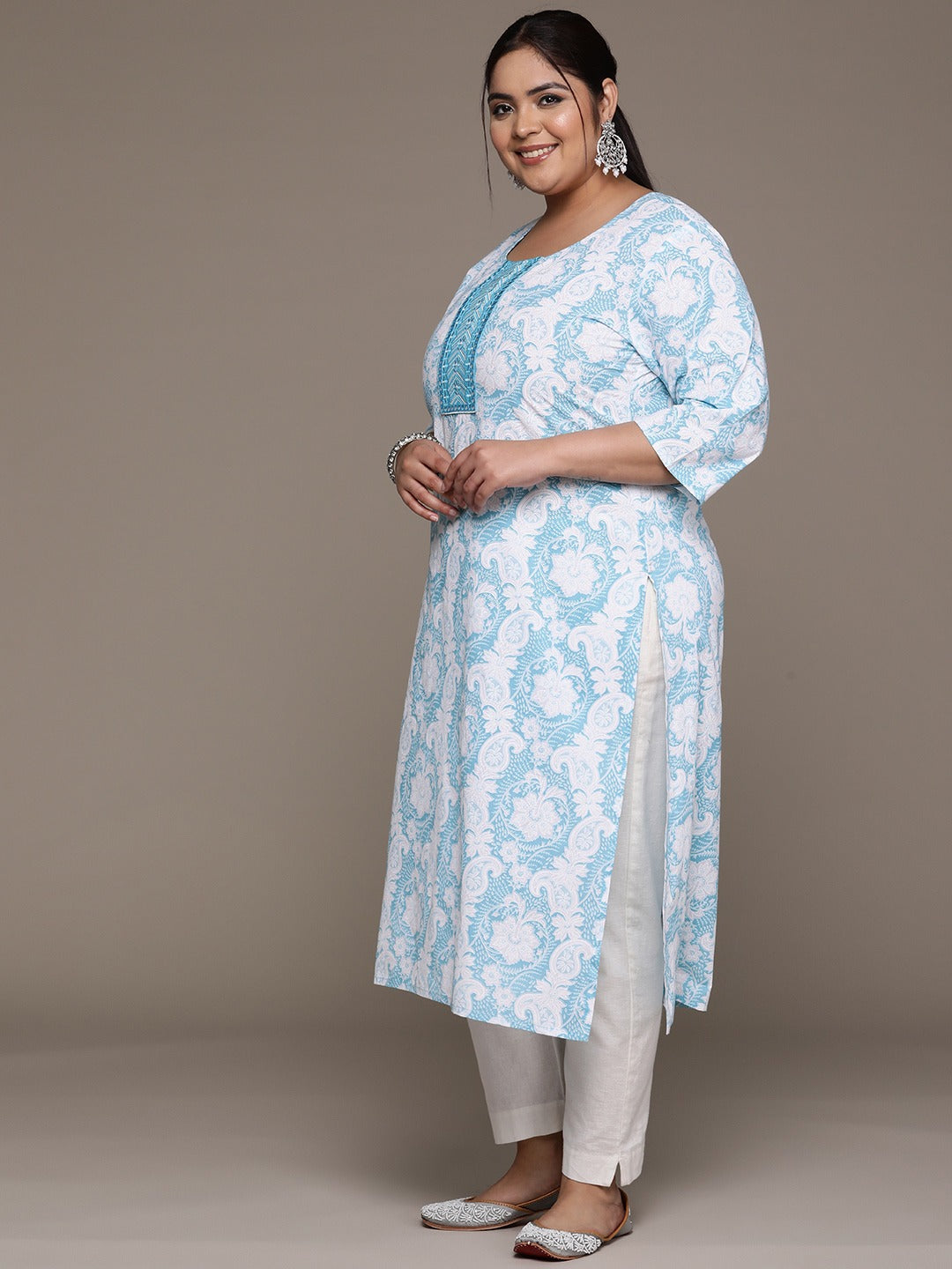 Plus Size Straight style Cotton fabric Blue color kurta