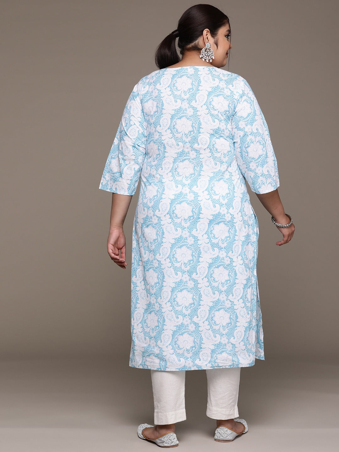 Plus Size Straight style Cotton fabric Blue color kurta