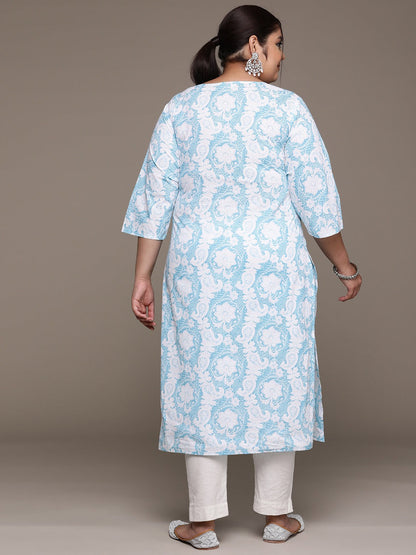 Plus Size Straight style Cotton fabric Blue color kurta