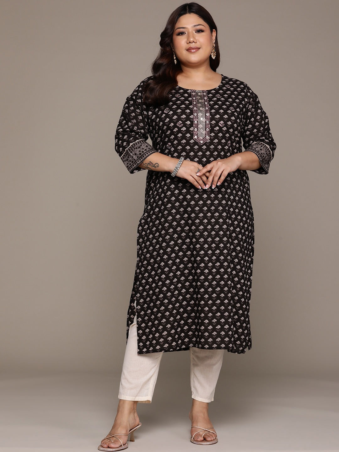 Plus Size Straight style Cotton fabric Black color kurta