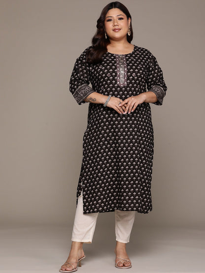 Plus Size Straight style Cotton fabric Black color kurta